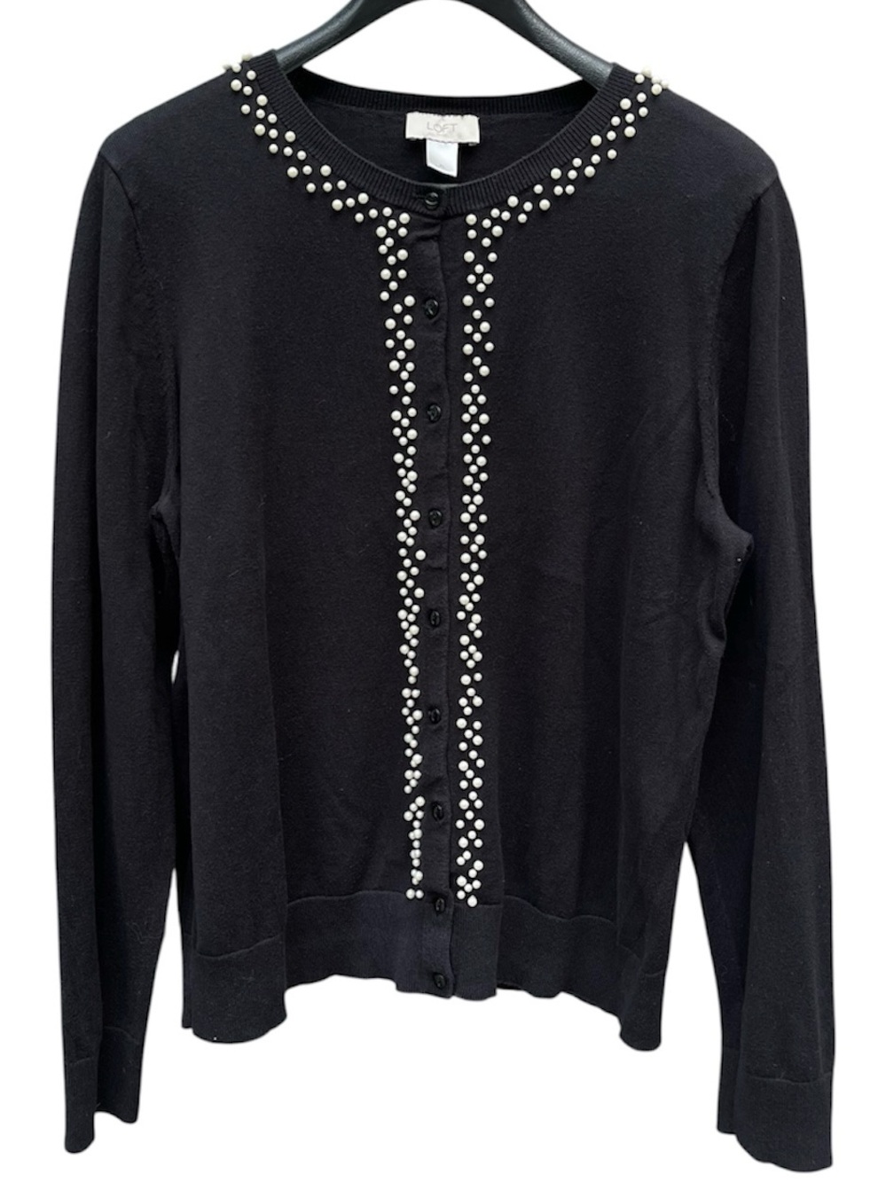 LOFT Outlet Black Cotton Button-Front Cardigan with Faux Pearl Detail - XL